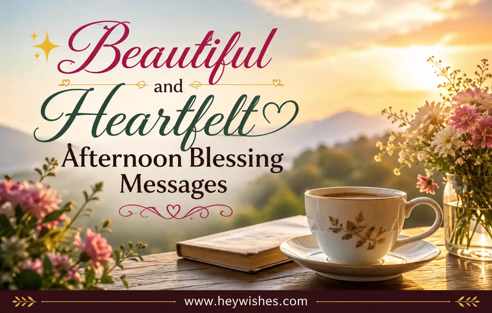 Warm afternoon scene with tea, flowers, and elegant text reading “Beautiful and Heartfelt Afternoon Blessing Messages” with HeyWishes branding.