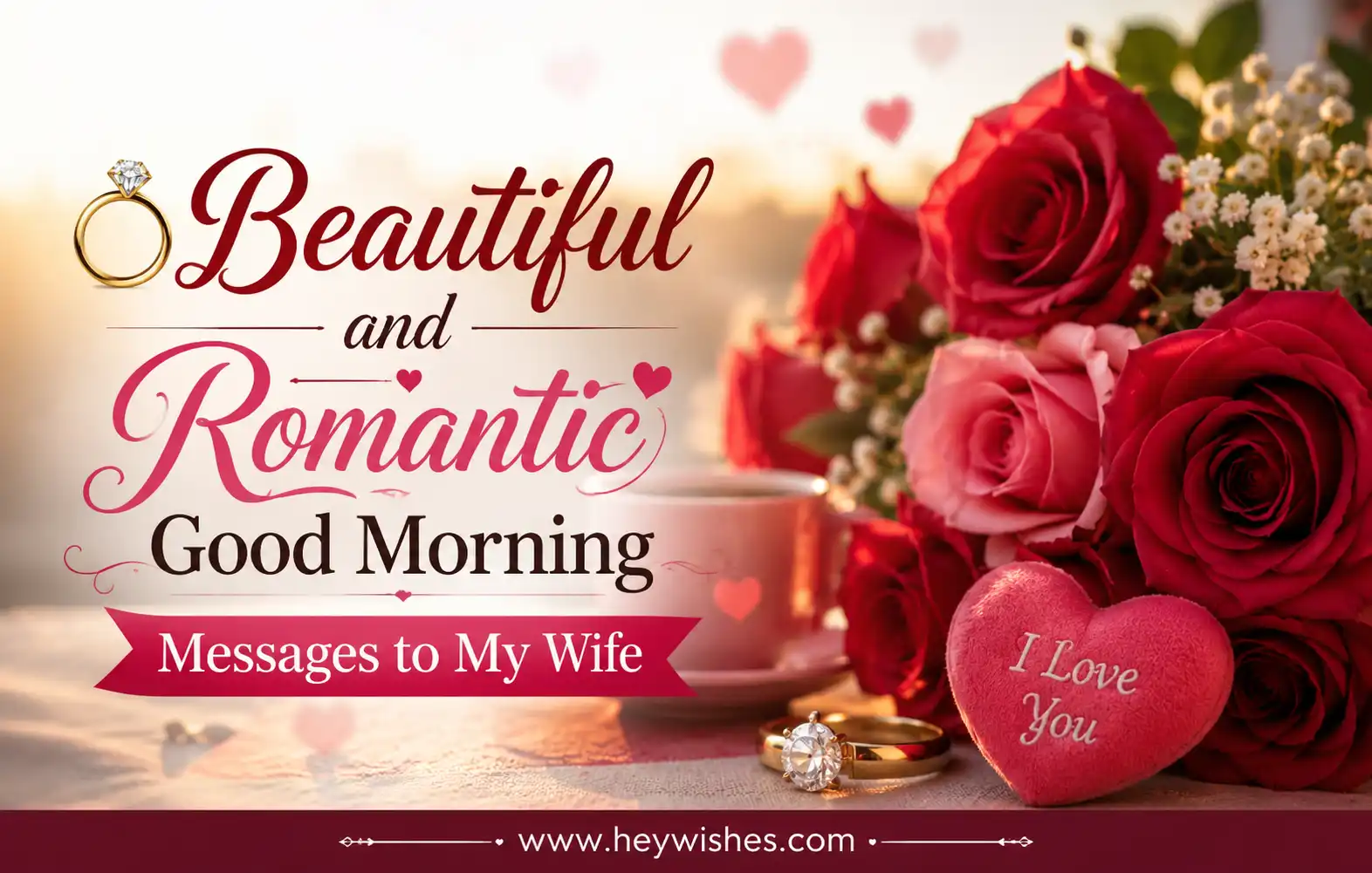 Romantic good morning banner with roses, coffee cup, heart cushion, rings, and stylish text for wife messages with HeyWishes website branding.