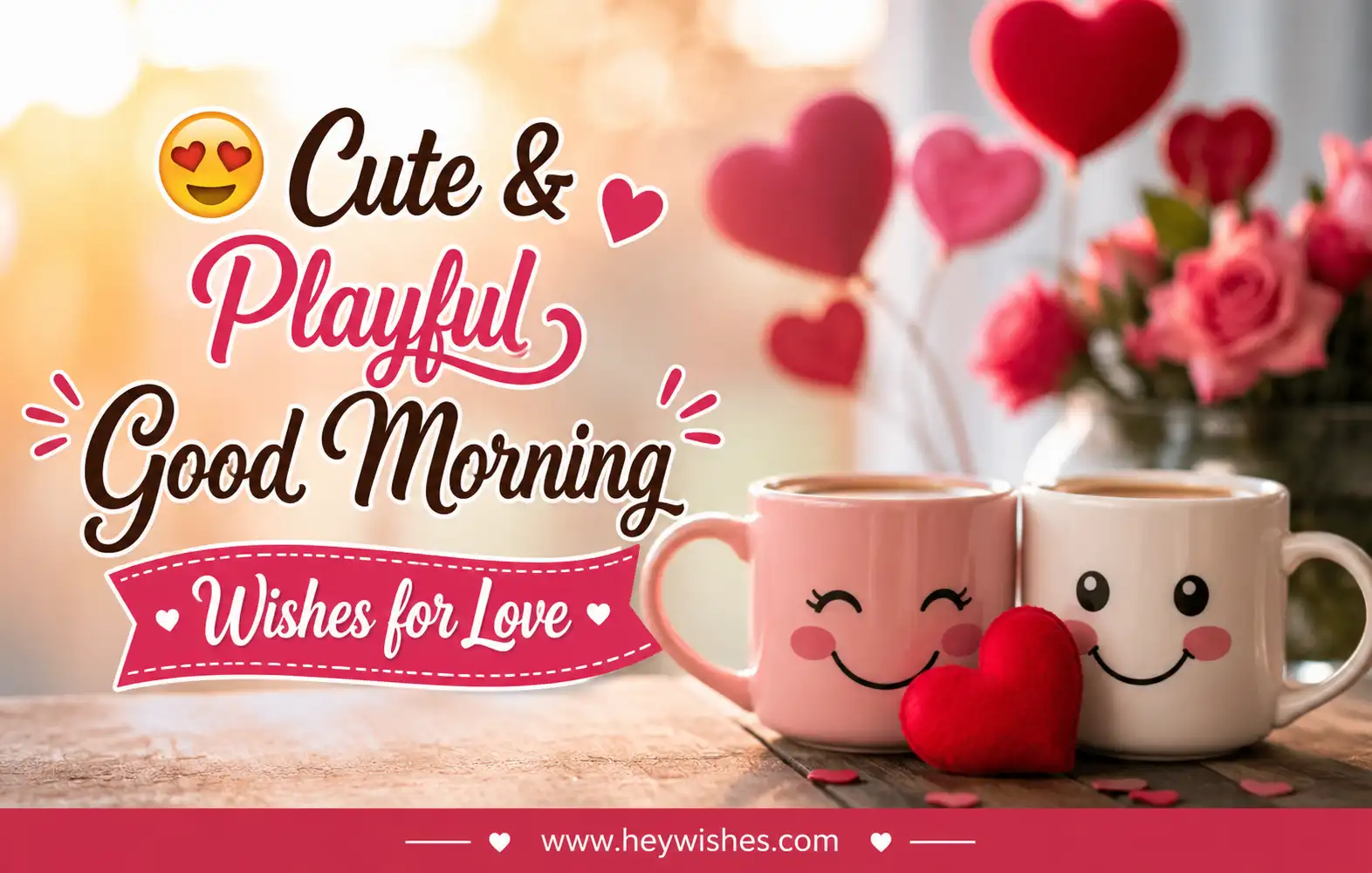 Cute romantic good morning banner with smiling coffee mugs, hearts, roses, and playful love-themed typography.