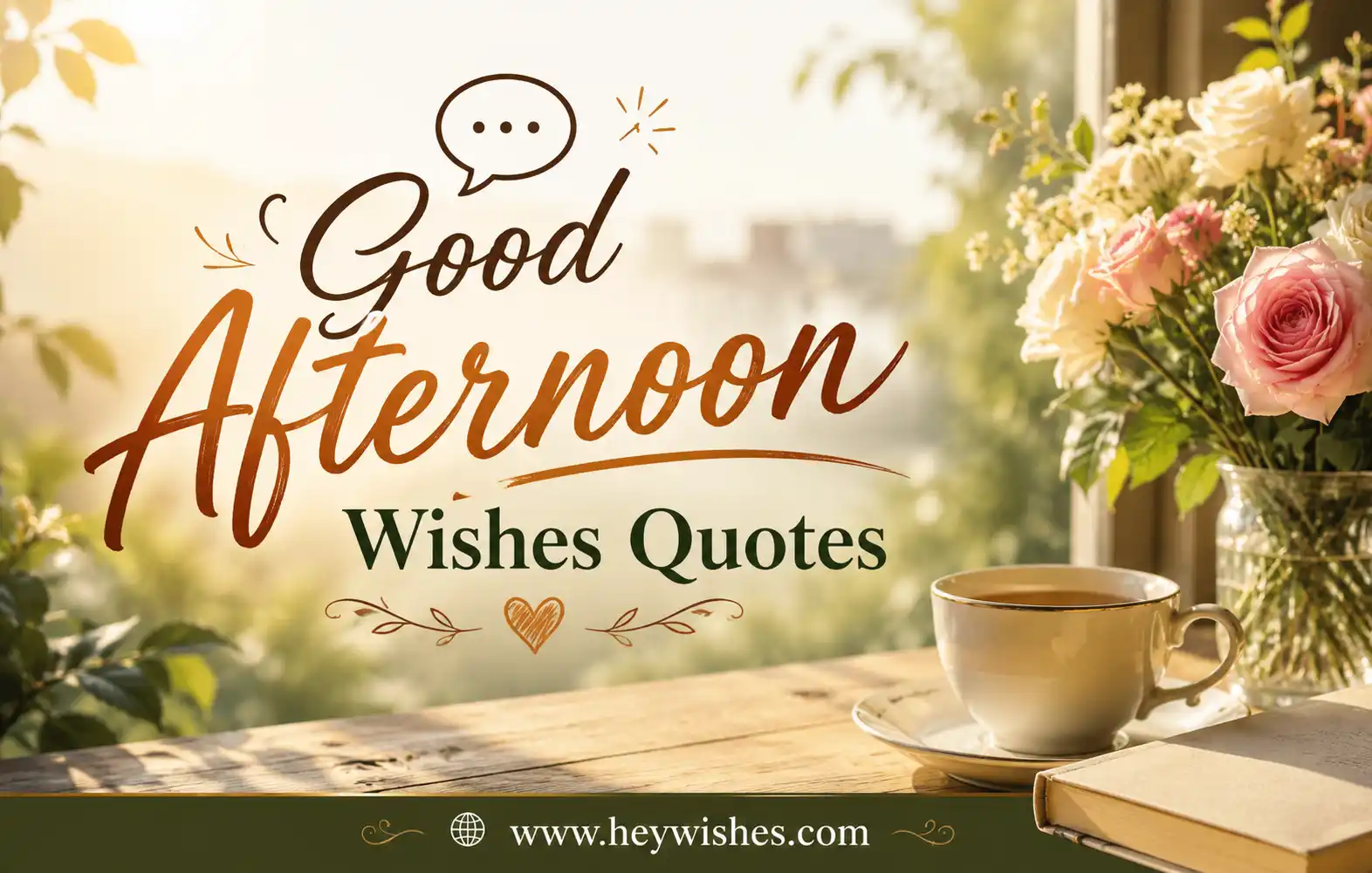 Warm afternoon greeting image with elegant typography saying “Good Afternoon Wishes Quotes,” featuring flowers, tea, and a cozy sunny background with website footer.