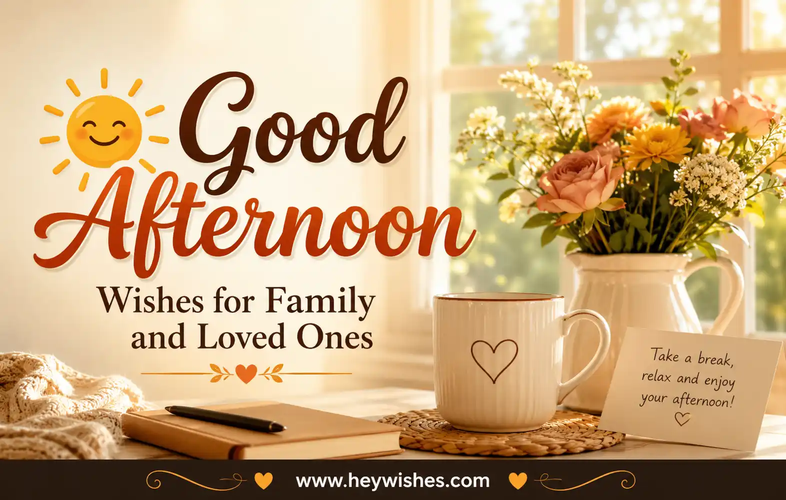 Warm good afternoon wishes card with sunlit flowers, coffee mug, and cozy family-themed greeting with HeyWishes branding.