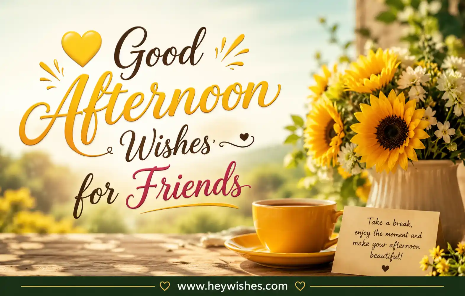 Realistic good afternoon wishes image for friends with sunflowers, tea cup, warm sunshine, and www.heywishes.com footer.
