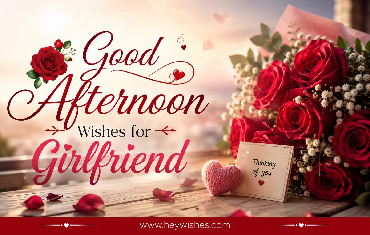 Romantic good afternoon greeting card with red roses, soft hearts, elegant text, and website footer branding.