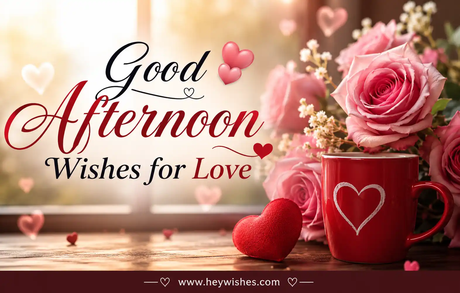 Romantic good afternoon greeting card with pink roses, heart accents, red mug, stylish typography, and HeyWishes website footer.