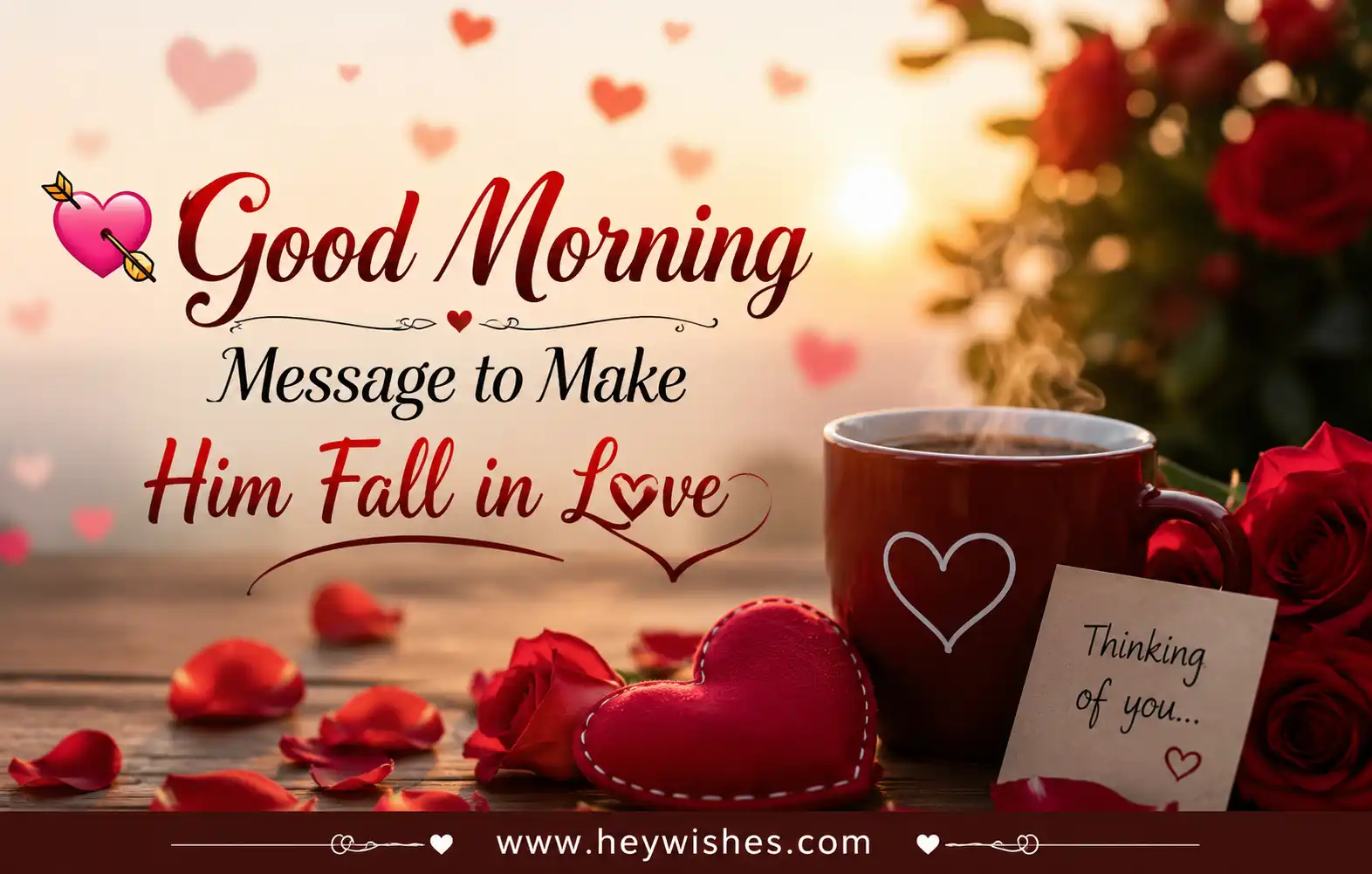 Romantic good morning image with coffee mug, roses, heart decor, and stylish text saying Good Morning Message to Make Him Fall in Love.
