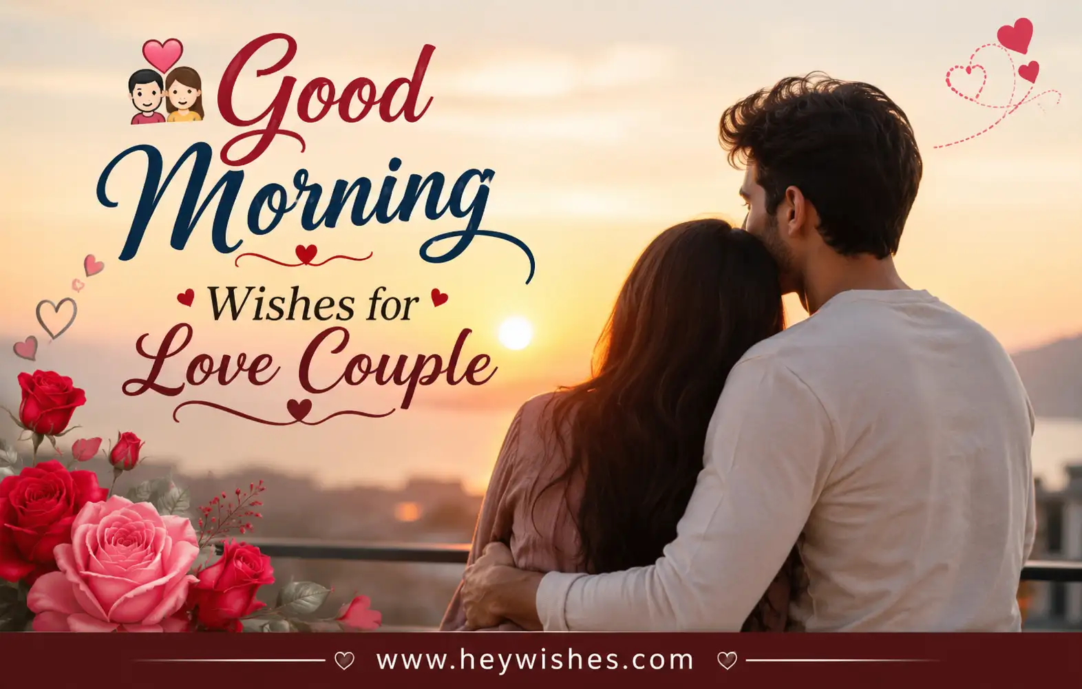 Romantic good morning greeting image with loving couple at sunrise, stylish typography, roses, hearts, and heywishes.com footer.