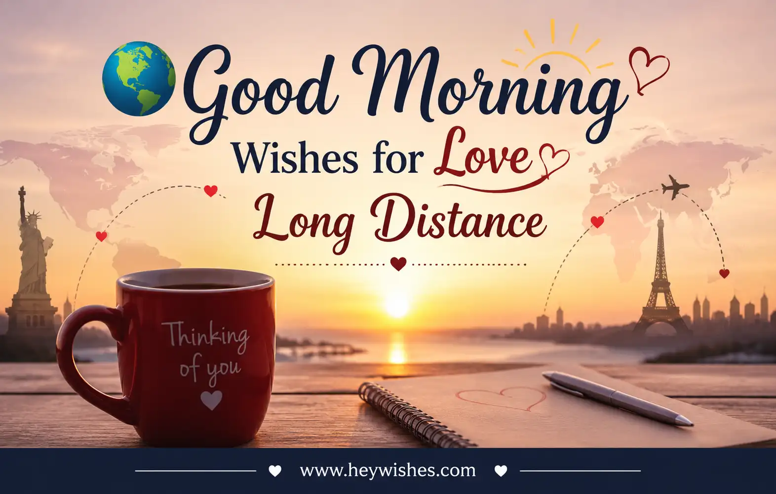Romantic good morning wishes image for long-distance love with sunrise, globe, hearts, coffee mug, and travel-themed background graphics.