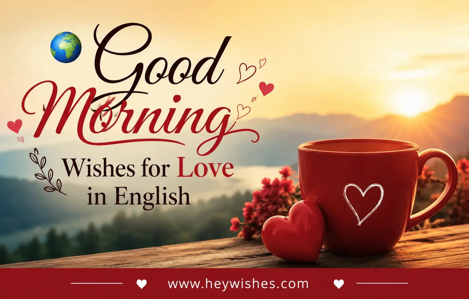 Warm sunrise love-themed graphic with “Good Morning Wishes for Love in English” text, hearts, and heywishes.com footer.