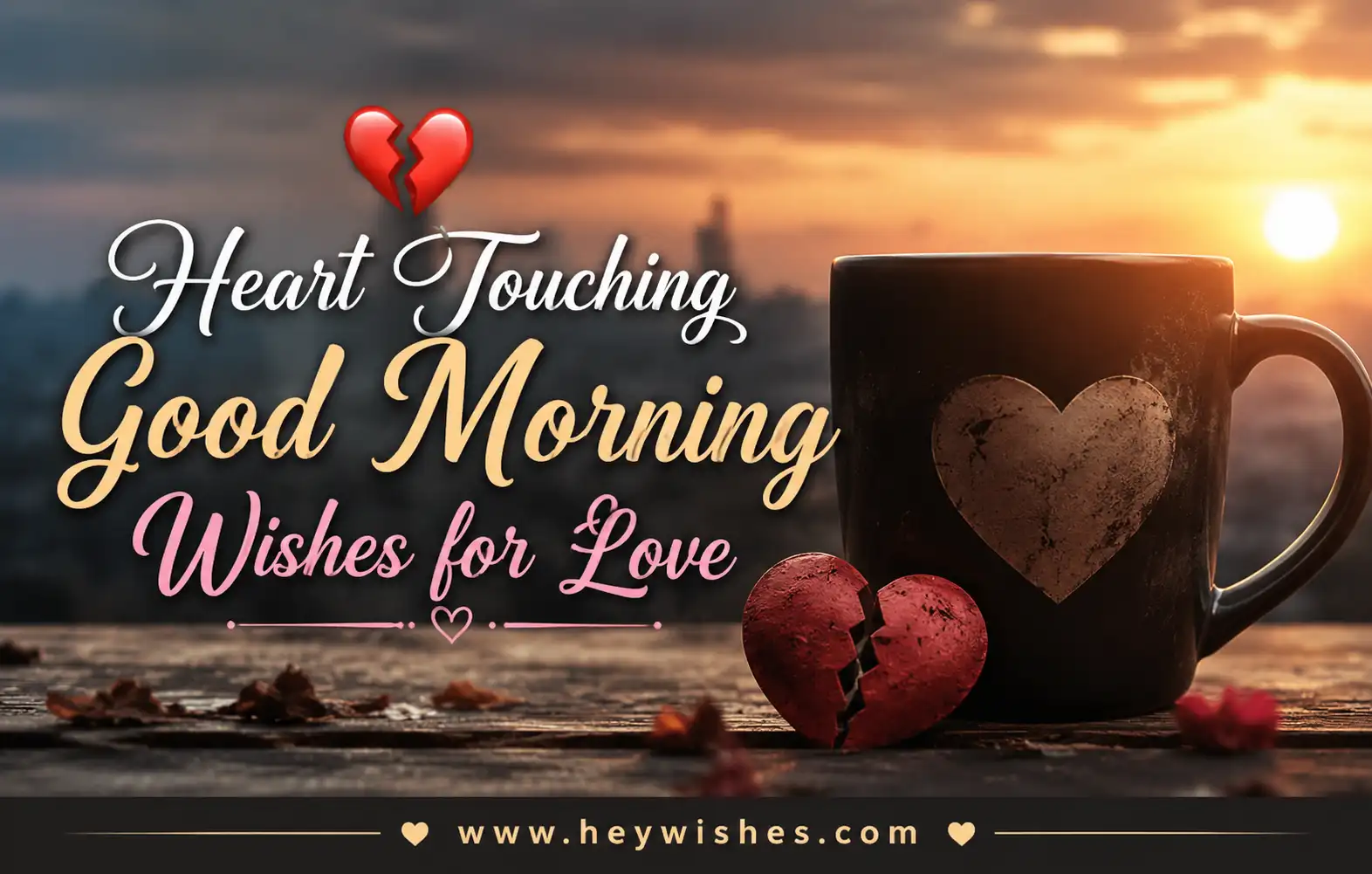 Heart-touching good morning wishes for love with romantic sunrise, broken heart graphics, stylish typography, and cozy coffee scene.
