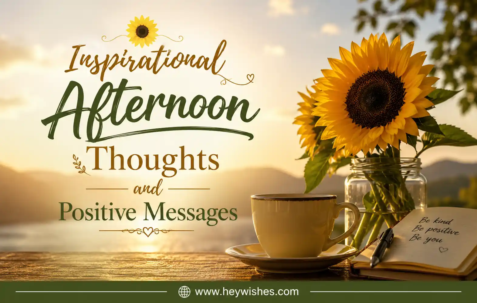 Sunflower-themed inspirational afternoon graphic with stylish text, warm sunlight, positive vibes, and HeyWishes branding.