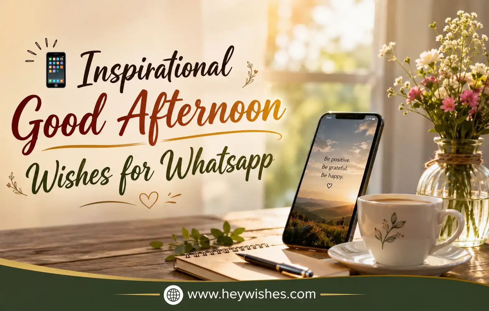 Realistic good afternoon wishes banner featuring stylish typography, smartphone graphics, warm sunlight, flowers, coffee, and HeyWishes branding.