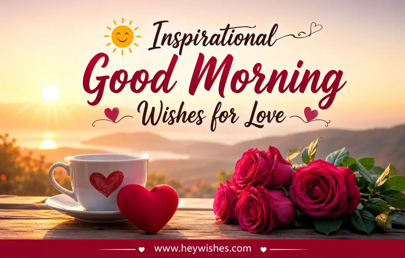 Romantic sunrise love-themed banner with roses, heart cup, and text 'Inspirational Good Morning Wishes for Love', www.heywishes.com footer