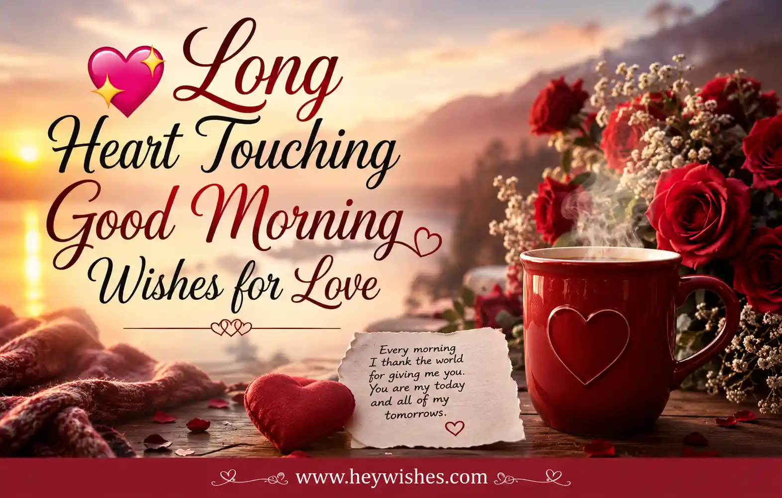 Romantic good morning wishes image with roses, coffee mug, sunrise background and stylish typography for love greetings.