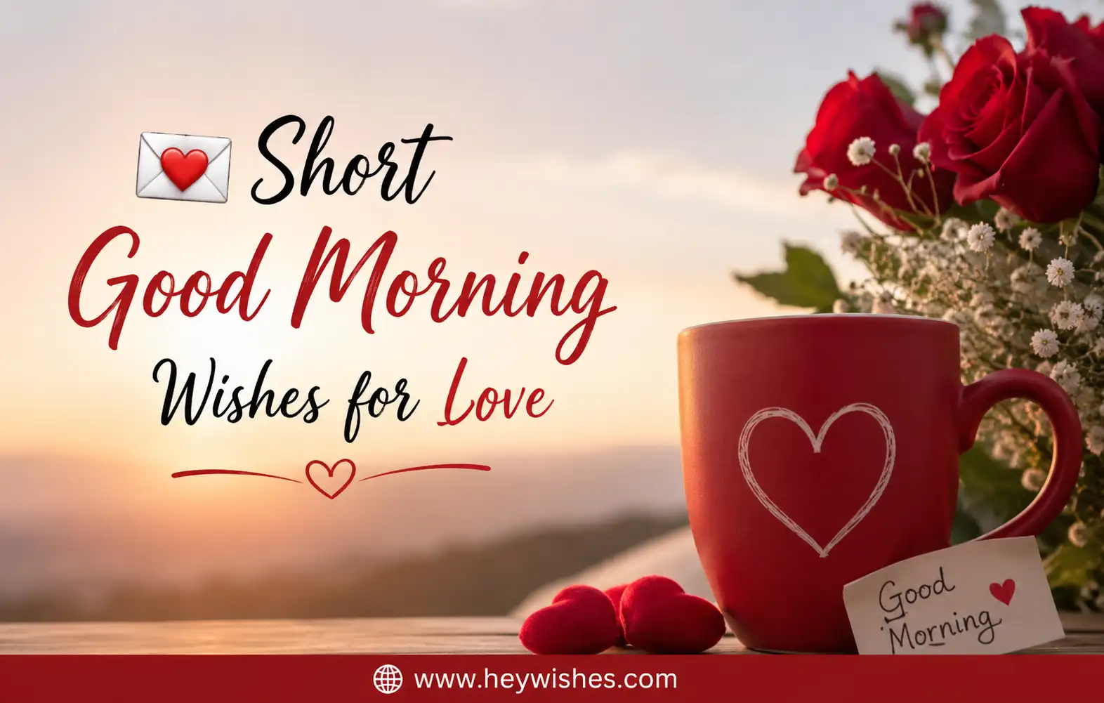 Romantic good morning banner with roses, heart coffee mug, sunrise background, and stylish love wishes typography.