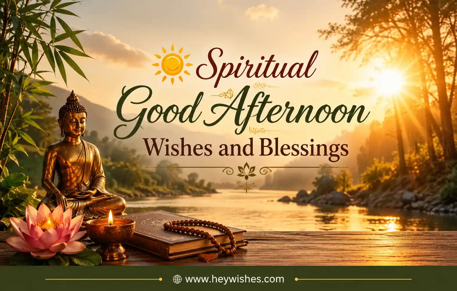 Spiritual good afternoon wishes and blessings banner with golden sunlight, peaceful nature background, elegant typography, and website footer branding.