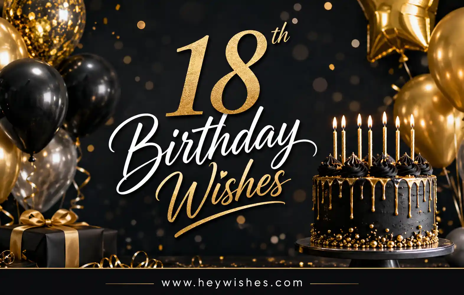 Elegant black and gold 18th birthday design with balloons, cake, candles, confetti, and stylish “Birthday Wishes” text.