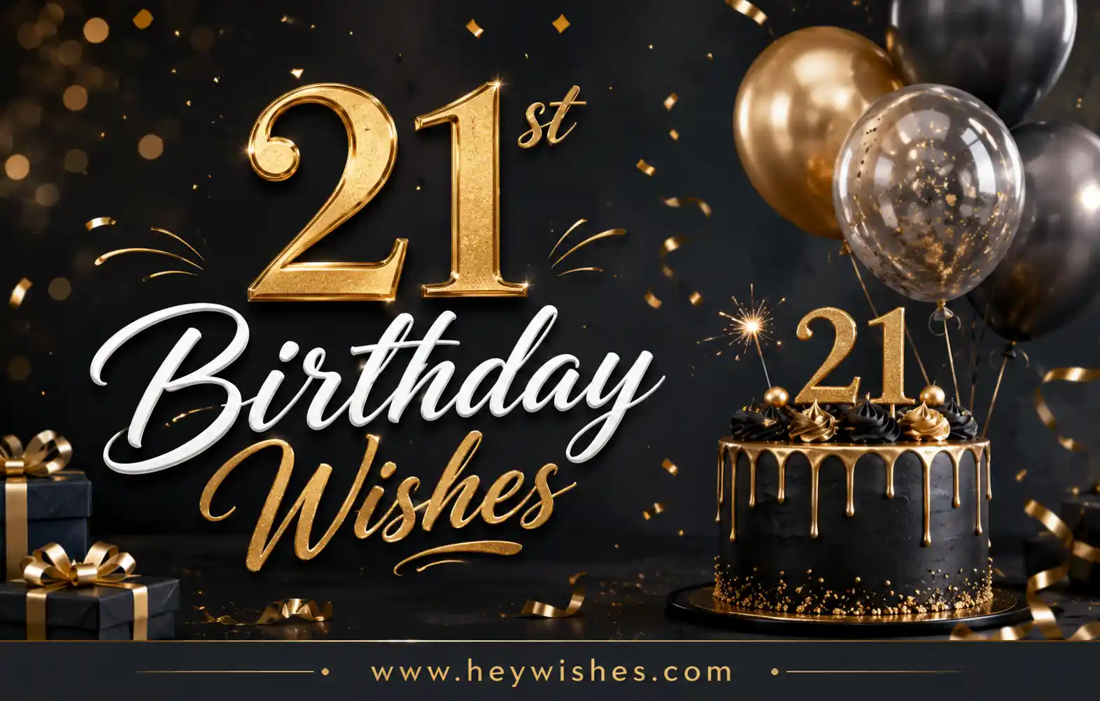 Elegant black and gold 21st birthday design with balloons, cake, confetti, and stylish “21st Birthday Wishes” text.