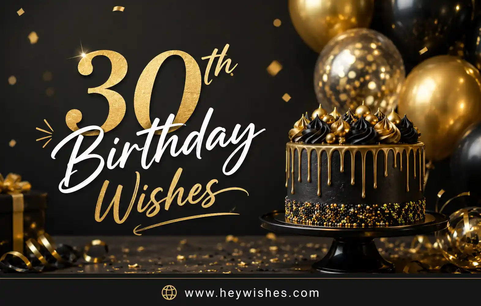 Elegant black and gold 30th birthday wishes design with luxury cake, balloons, confetti, and stylish typography.