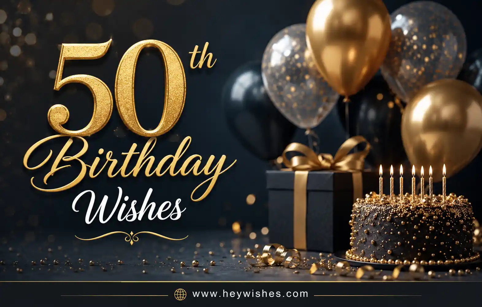 Elegant 50th birthday wishes banner with gold balloons, luxury cake, gift box, and stylish typography on a dark festive background.