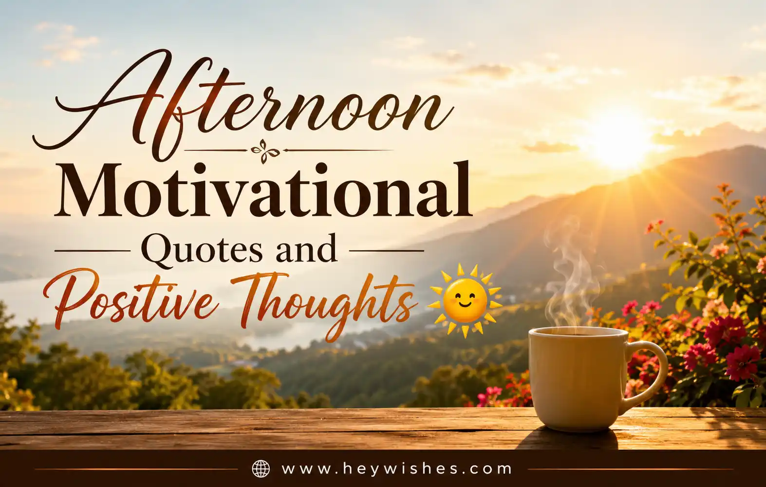 Sunlit afternoon landscape with stylish text “Afternoon Motivational Quotes and Positive Thoughts 🌞”, flowers, coffee mug, and website footer.