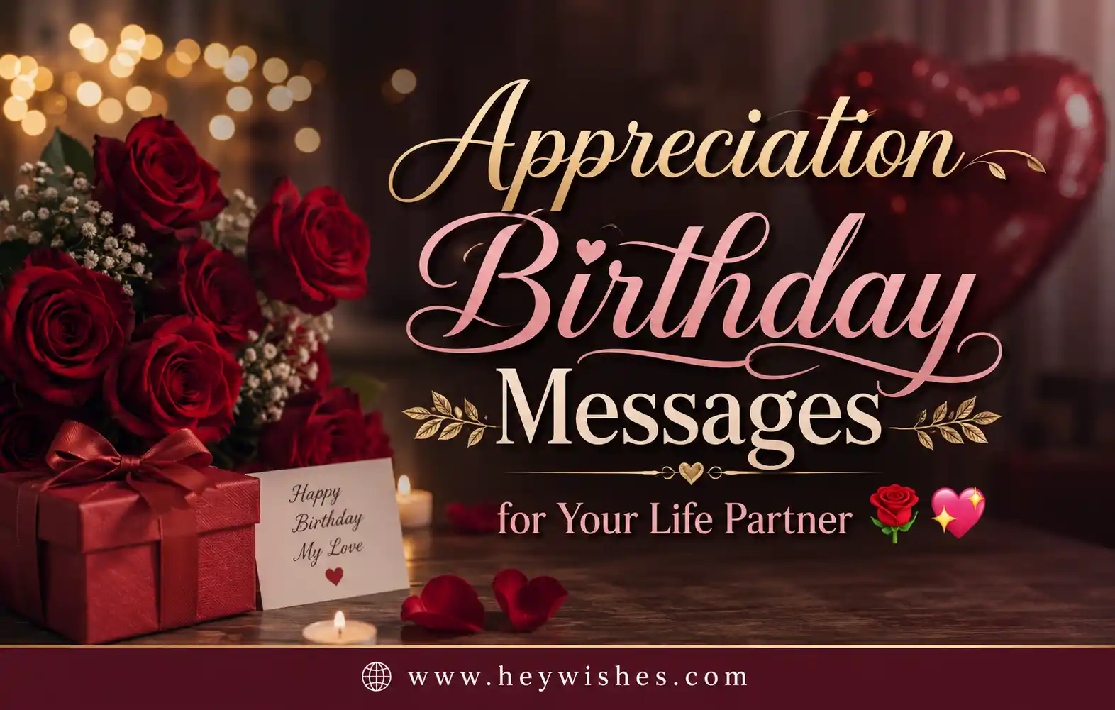 Romantic birthday banner with roses, candles, gift box, and elegant typography for life partner appreciation wishes.