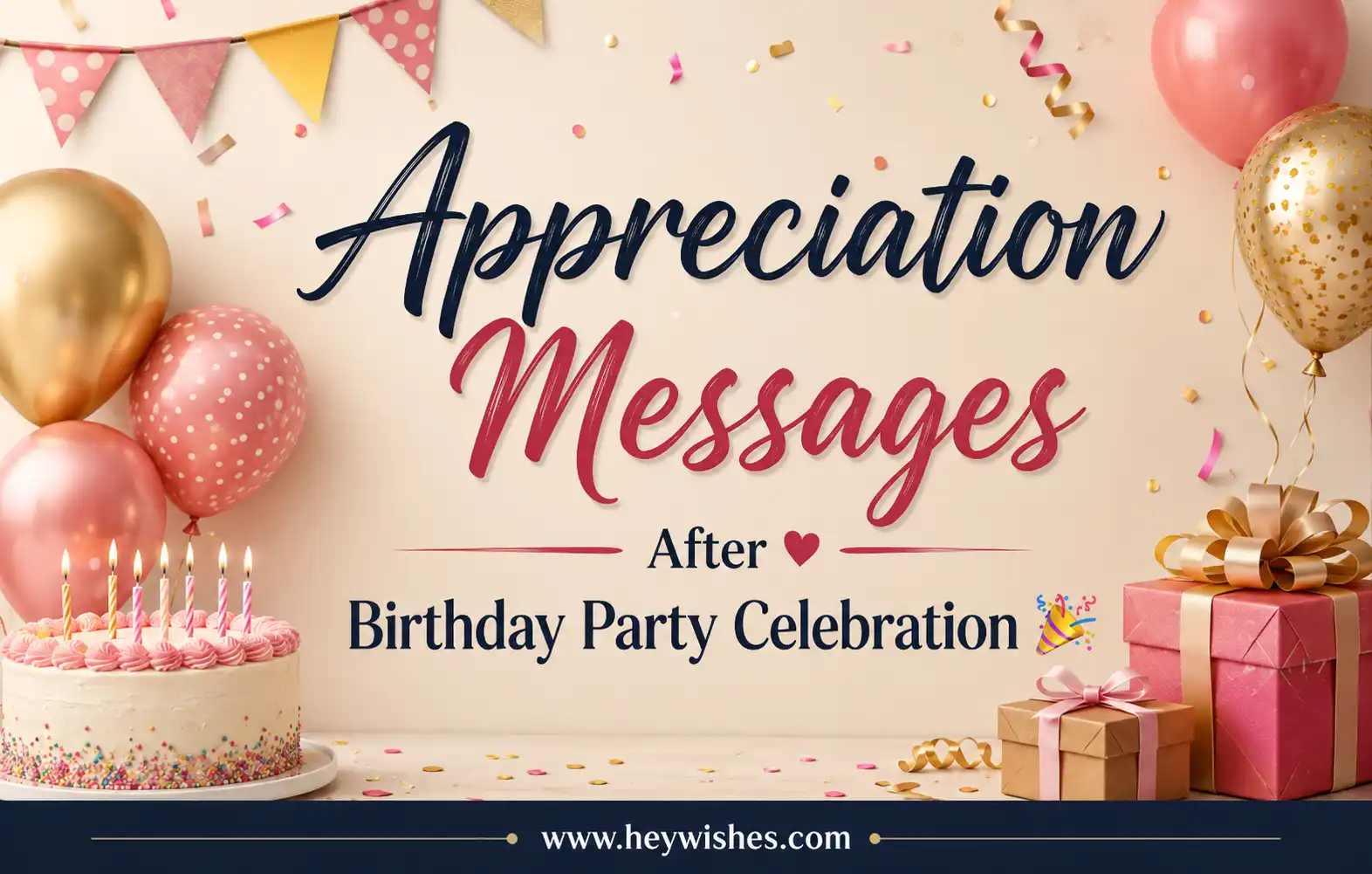 Appreciation Messages After Birthday Party Celebration poster with balloons, cake, gifts, confetti, and festive thank-you theme.