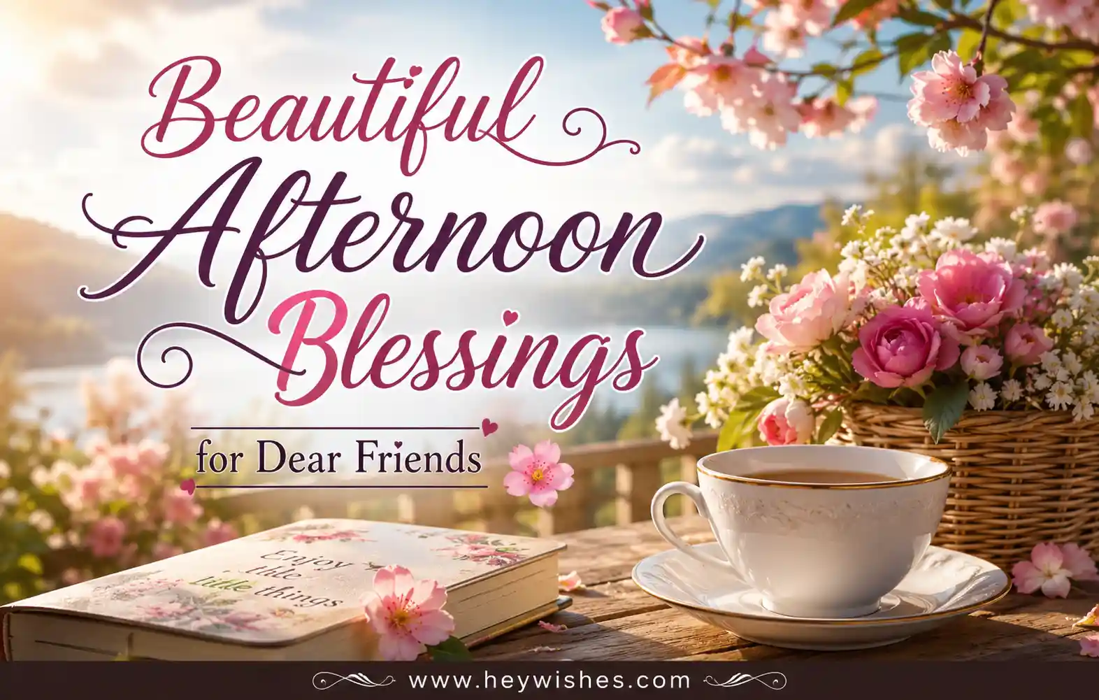 Beautiful afternoon blessings greeting card with pink flowers, tea cup, and scenic garden view for dear friends with HeyWishes branding.