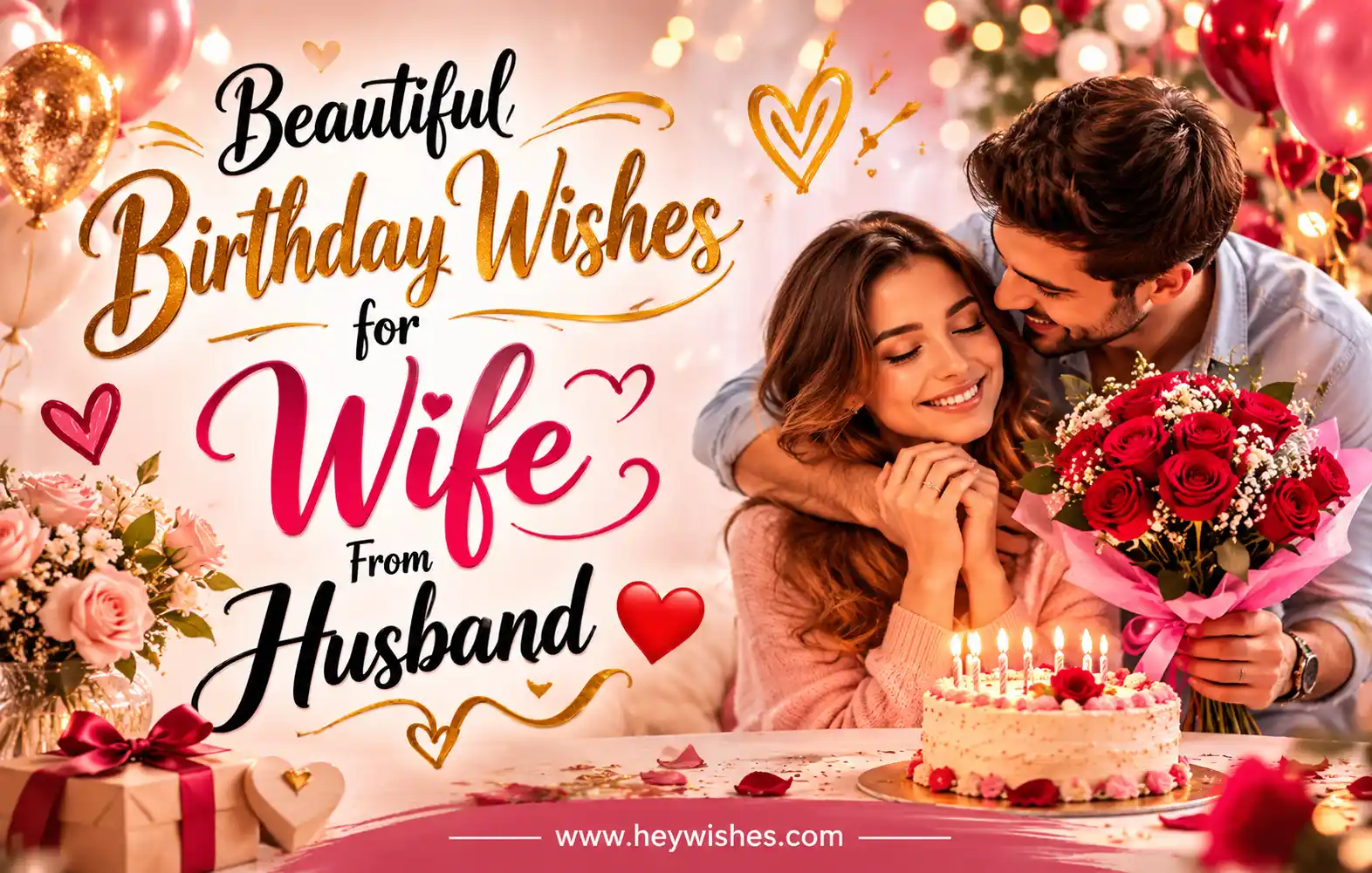 Romantic birthday wishes graphic for wife from husband with roses, cake, hearts, elegant typography, and loving celebration theme.