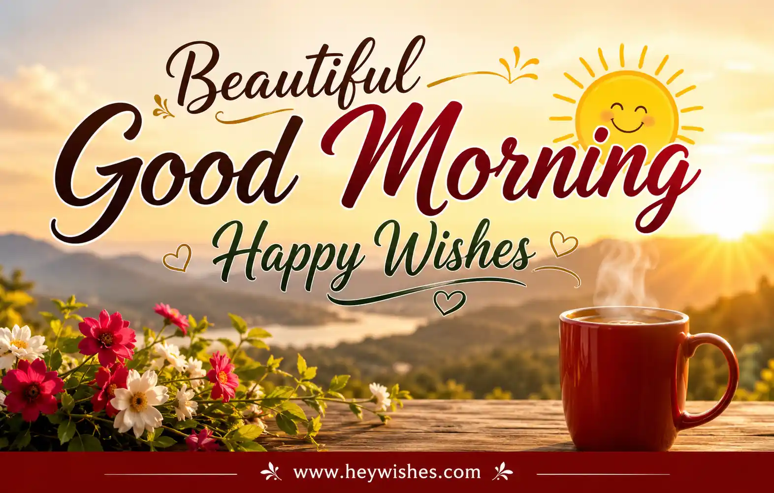 Beautiful Good Morning Happy Wishes graphic with sunrise, flowers, steaming coffee mug, and warm cheerful typography.