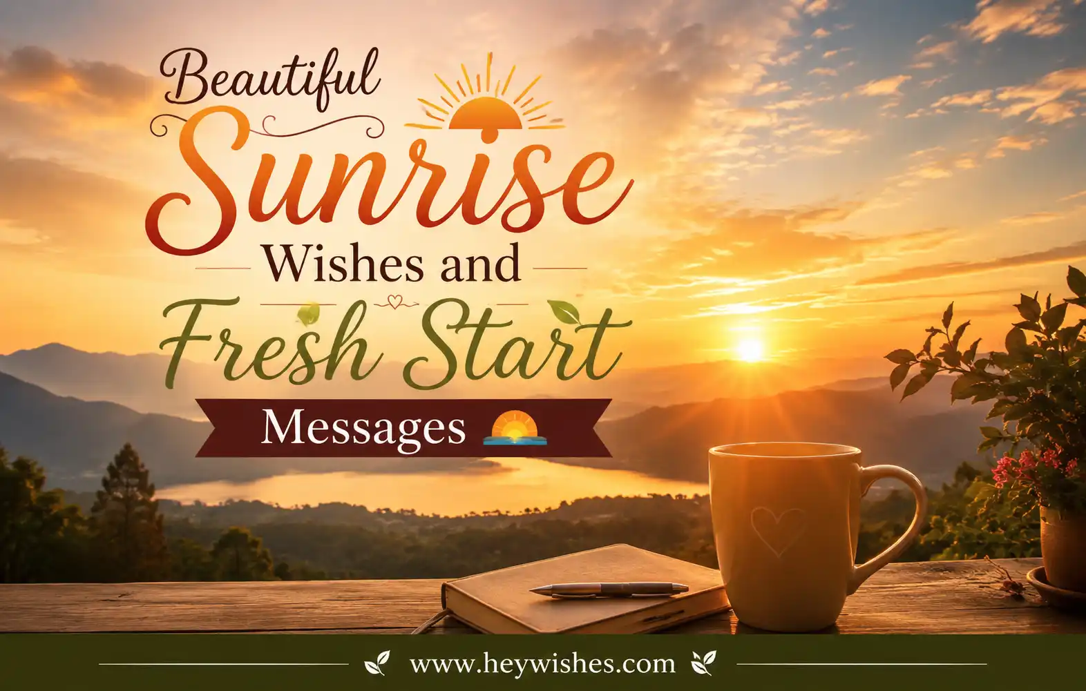 Sunrise over mountains and lake with a warm morning glow, inspirational text, cozy coffee scene, and fresh start theme.