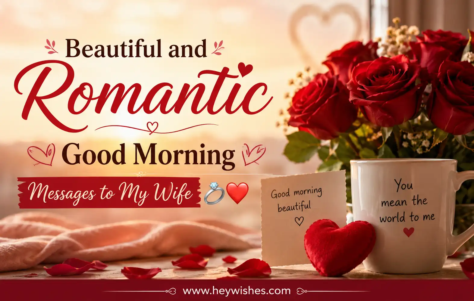 Romantic good morning image with roses, coffee mug, and heartfelt message for wife in a warm cozy morning setting.