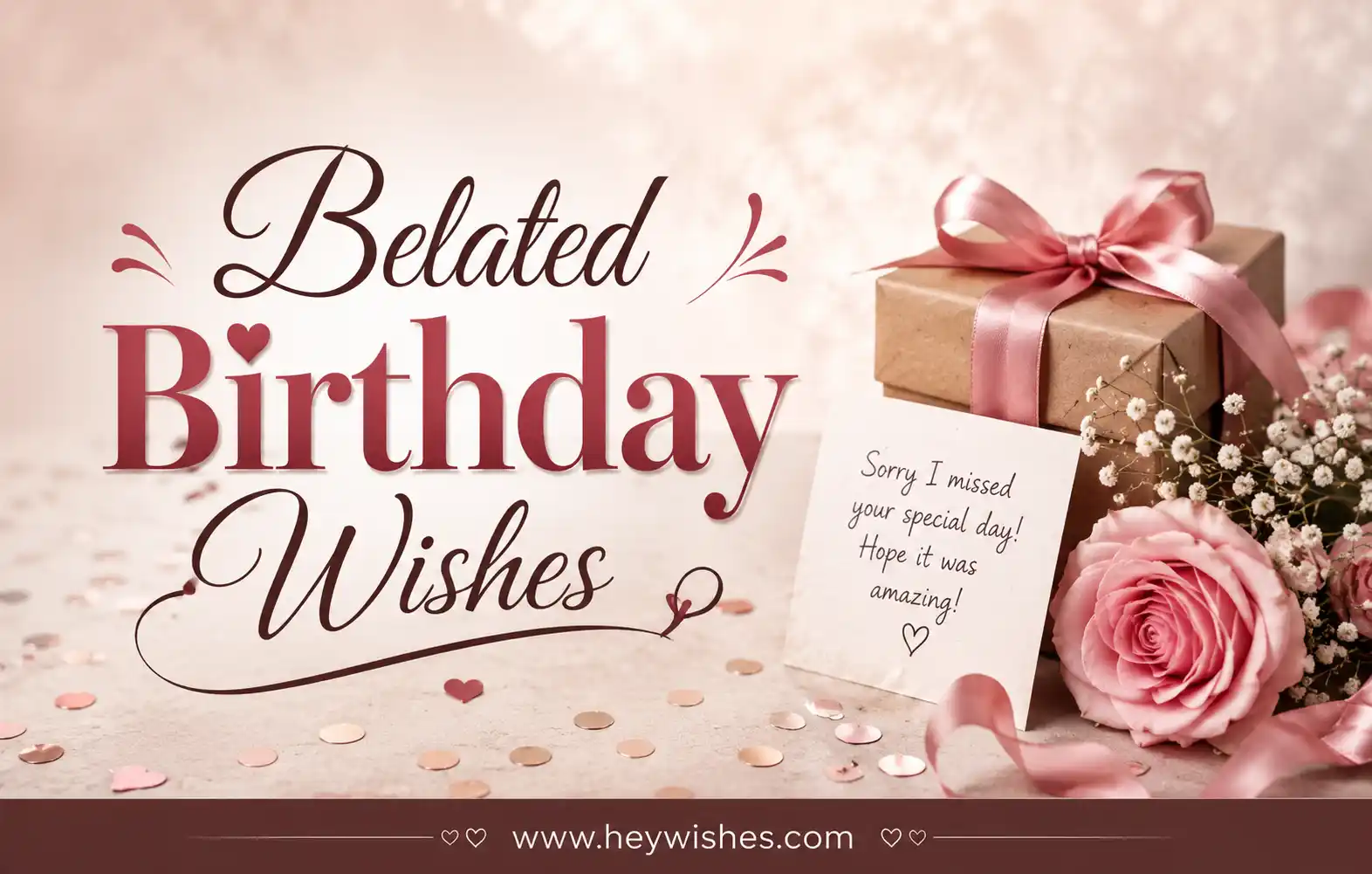 Elegant belated birthday card with pink roses, gift box, confetti, and stylish typography on a soft pastel background.