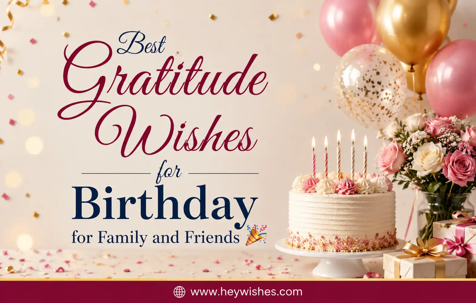Best Gratitude Wishes for Birthday for Family and Friends with festive balloons, cake, gifts, confetti, and elegant typography on a cheerful celebration background.