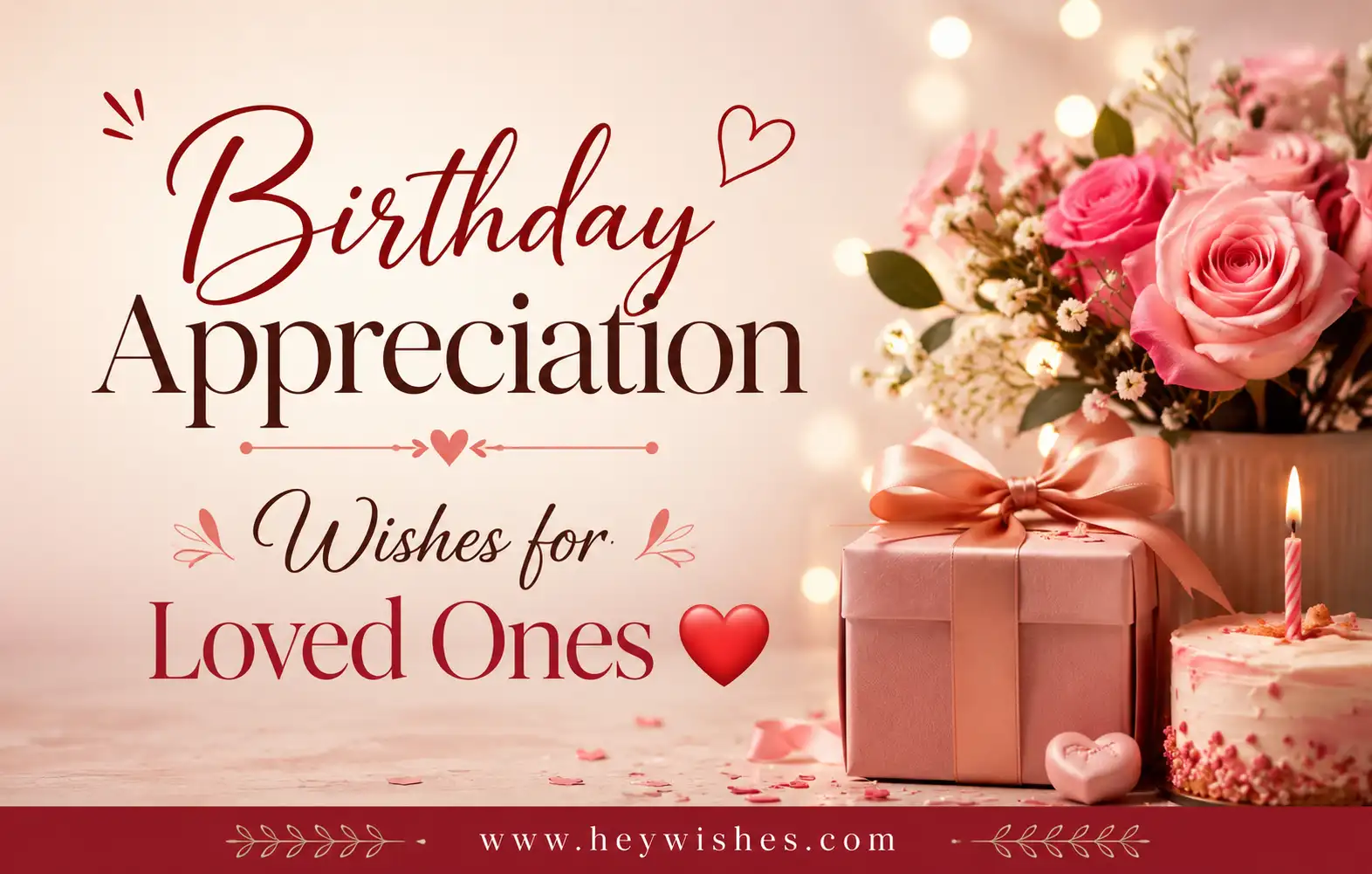 Birthday appreciation wishes graphic with roses, gift box, birthday cake, heart accents, elegant typography, and warm celebratory background.