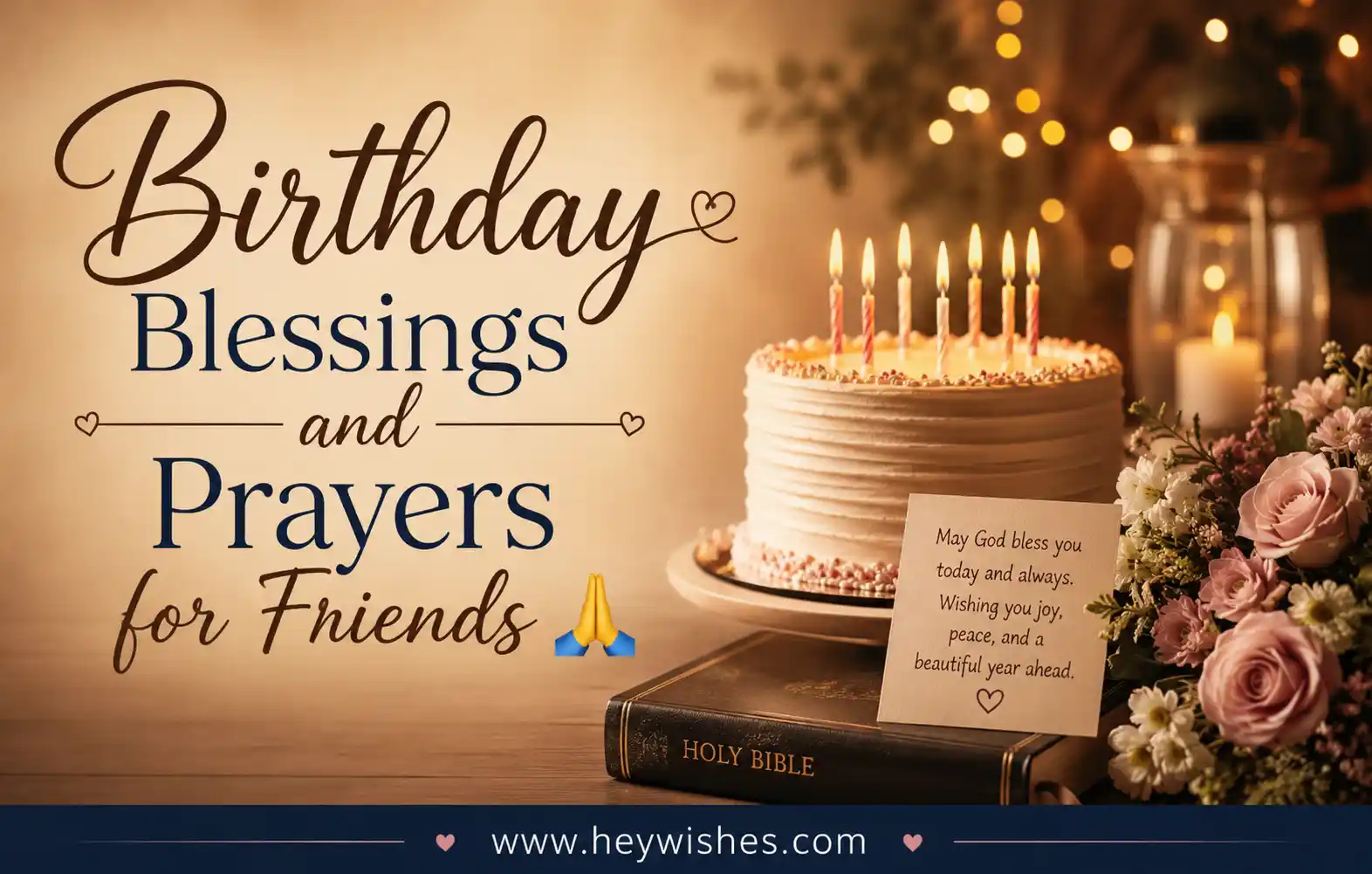 Elegant birthday blessings graphic with cake candles, flowers, prayer note, and warm lights featuring heartfelt wishes for friends.