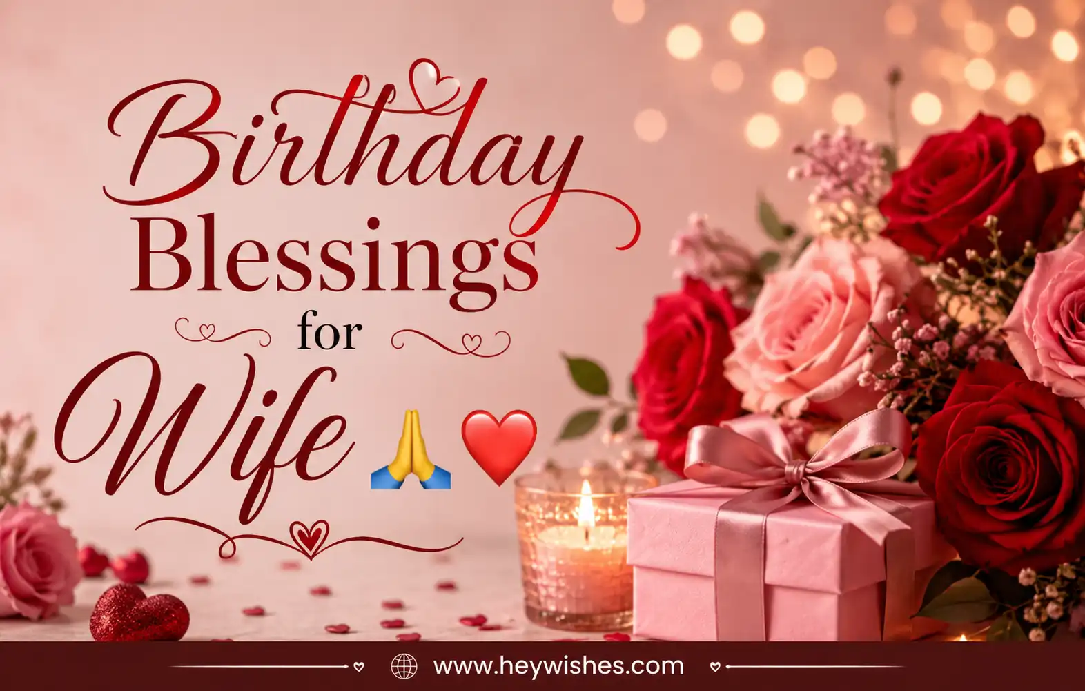 Romantic birthday blessings card for wife with roses, gift box, candlelight, and elegant typography with website footer.
