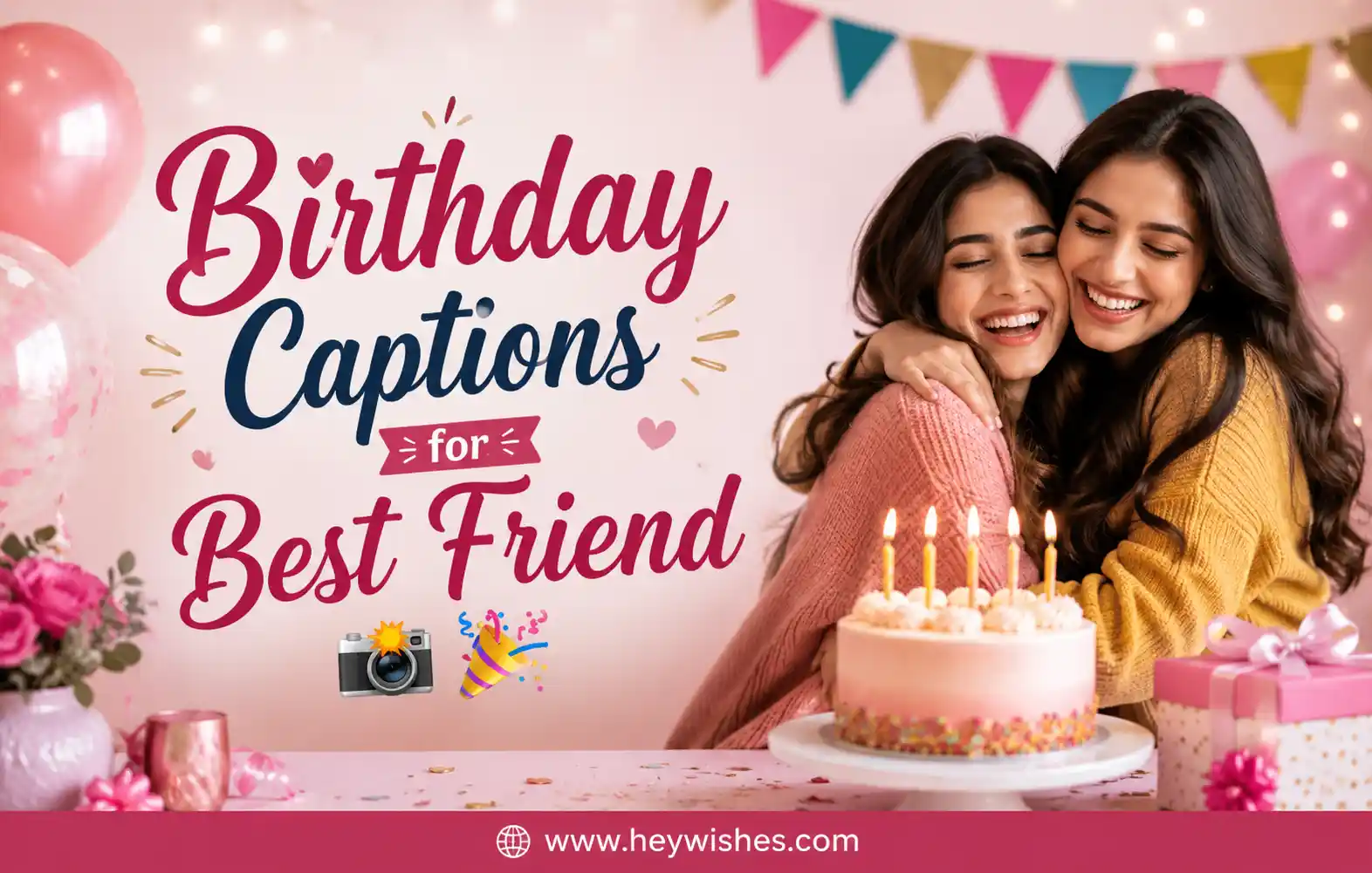Two best friends hugging at a birthday party with cake, balloons, and stylish “Birthday Captions for Best Friend” text banner.