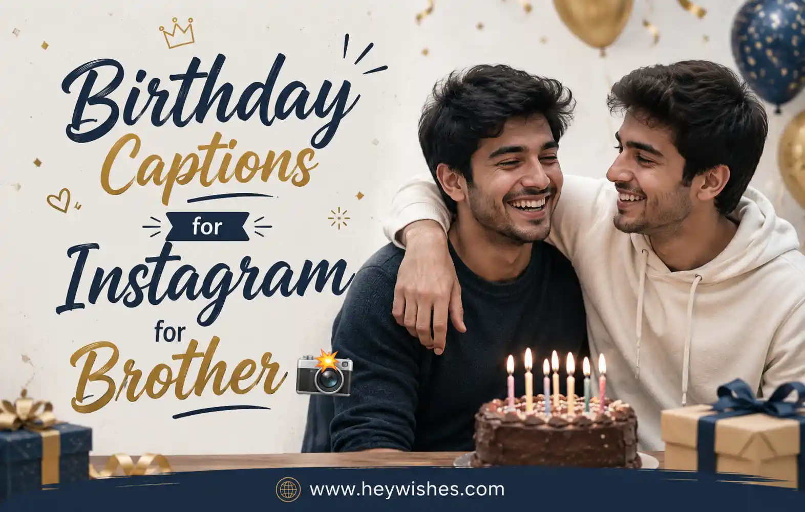 Two brothers smiling beside a birthday cake with stylish text “Birthday Captions for Instagram for Brother” and festive decorations.