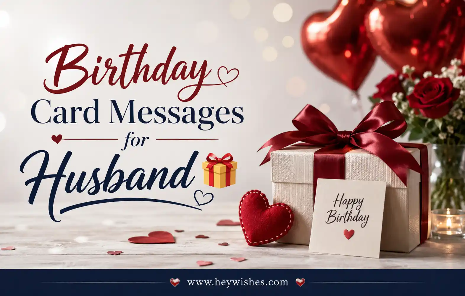 Romantic birthday card graphic for husband with gift box, roses, heart balloons, stylish typography, and HeyWishes footer branding.