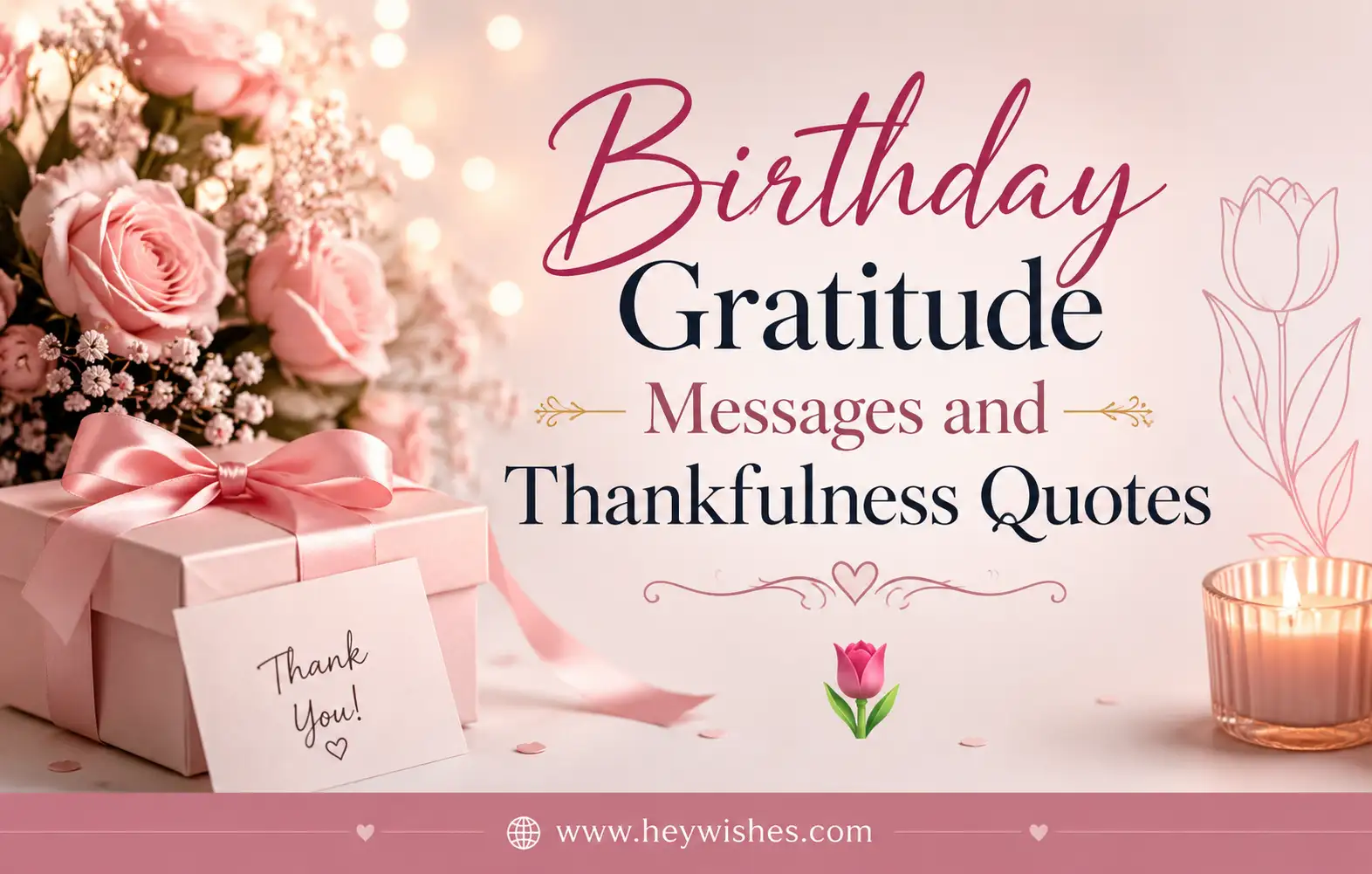Birthday gratitude messages and thankfulness quotes design with pink roses, gift box, candle, floral accents, and elegant typography.