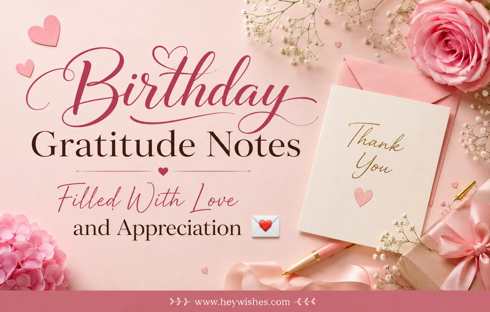 Birthday gratitude notes with love, appreciation card, pink flowers, thank-you letter, gift box and elegant birthday-themed design.