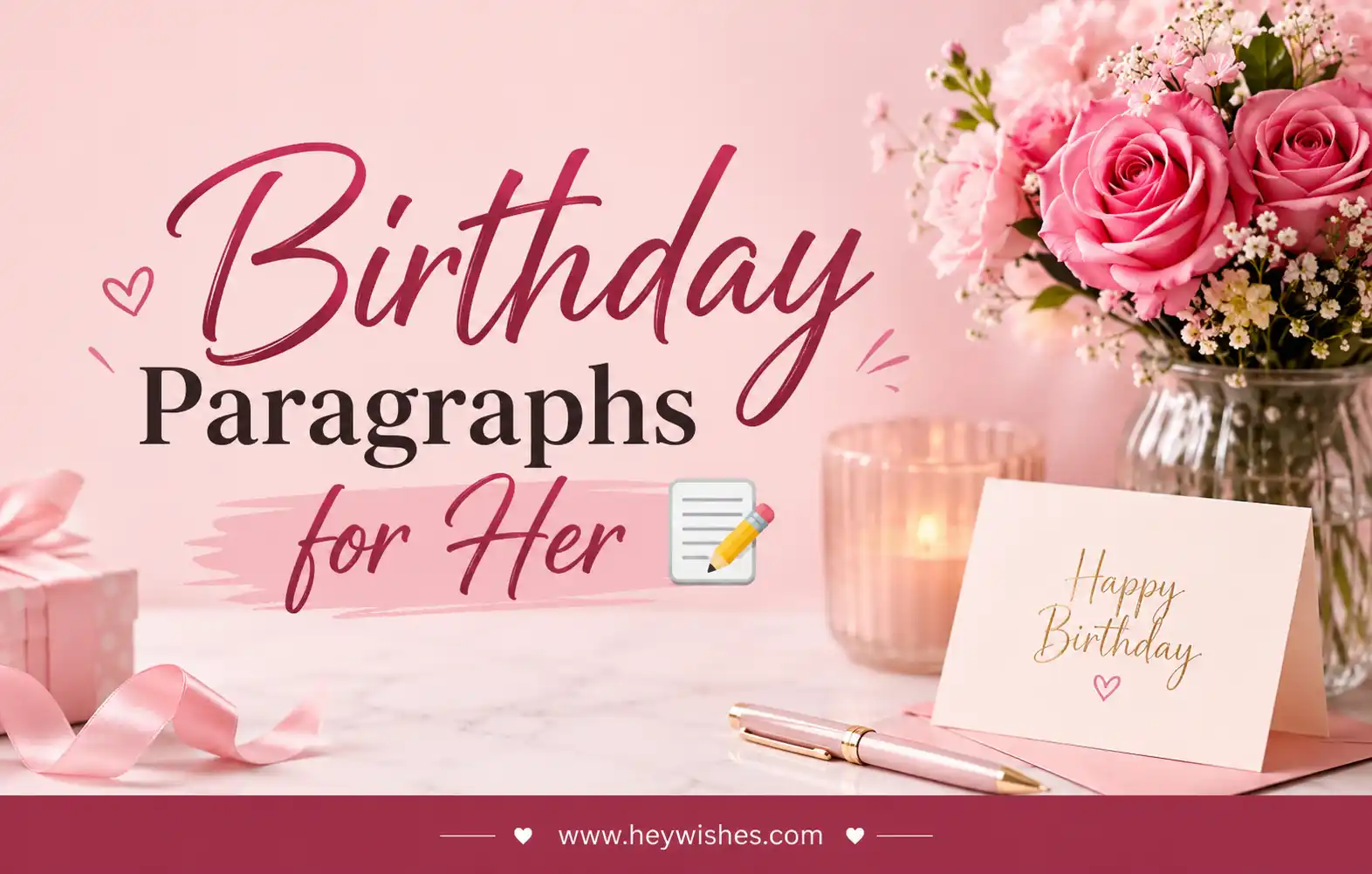 Elegant pink birthday design with roses, candle, greeting card, and stylish “Birthday Paragraphs for Her” text with heywishes.com foot