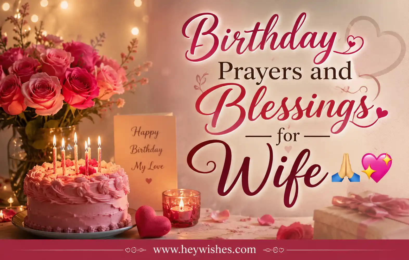 Romantic birthday blessings image for wife with roses, cake, candles, hearts, and stylish typography in warm pink tones.