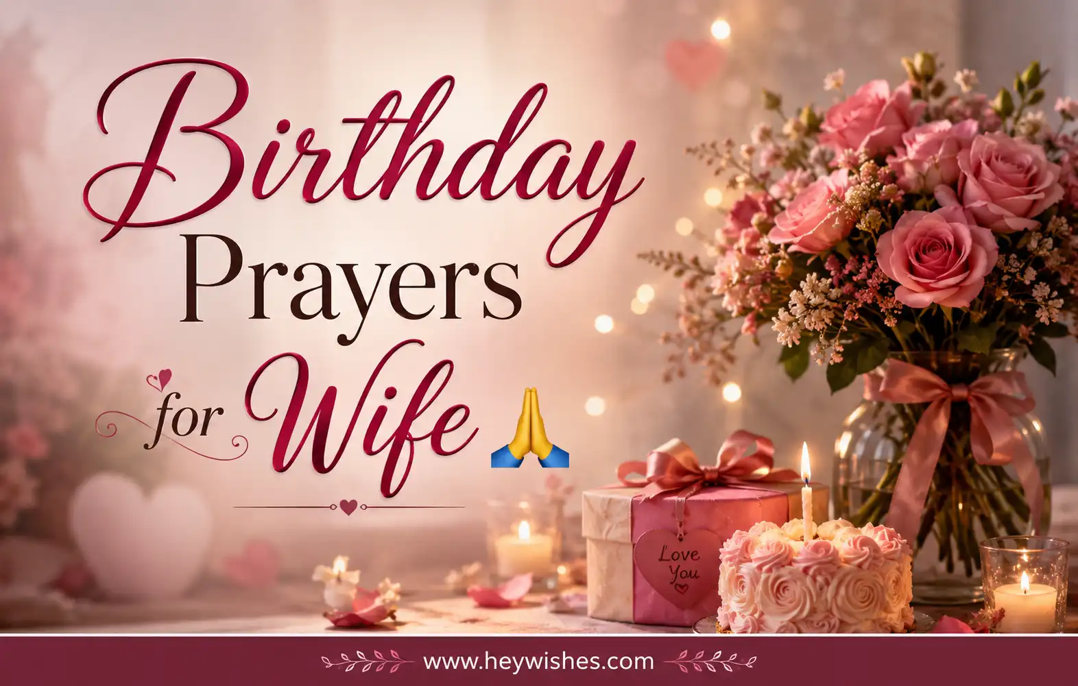 Romantic birthday prayer graphic for wife with pink roses, candles, gift box, cake, and elegant typography on a soft dreamy background.
