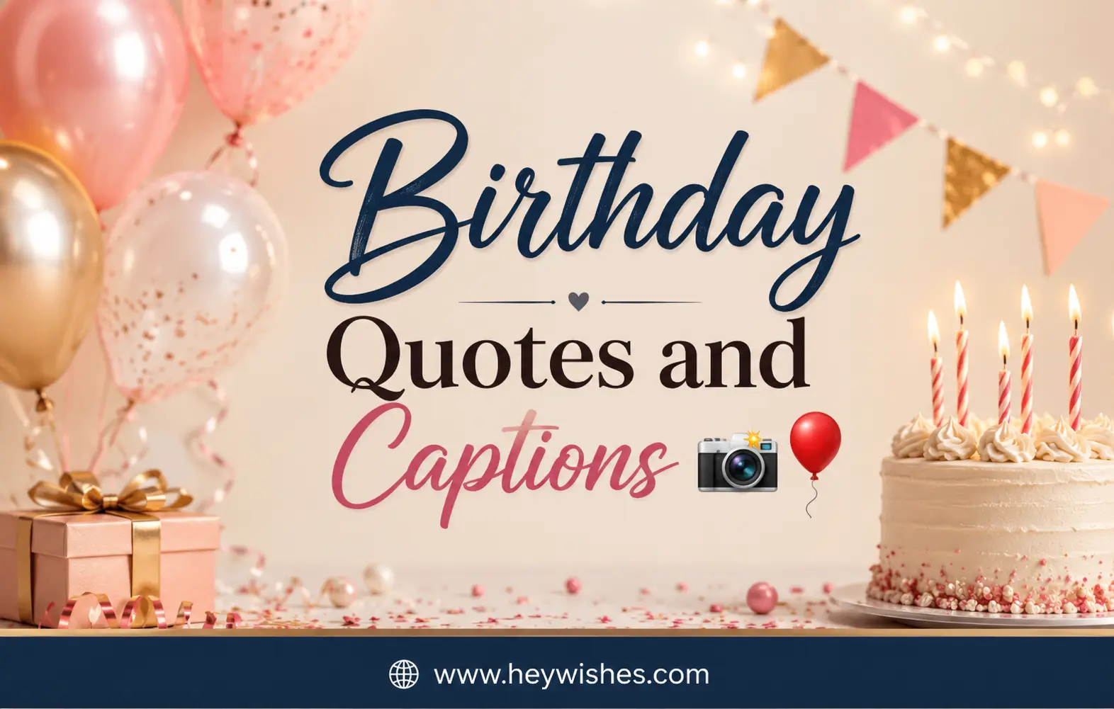 Stylish birthday quotes and captions graphic with balloons, cake, confetti, festive lights, and elegant typography for celebrations.