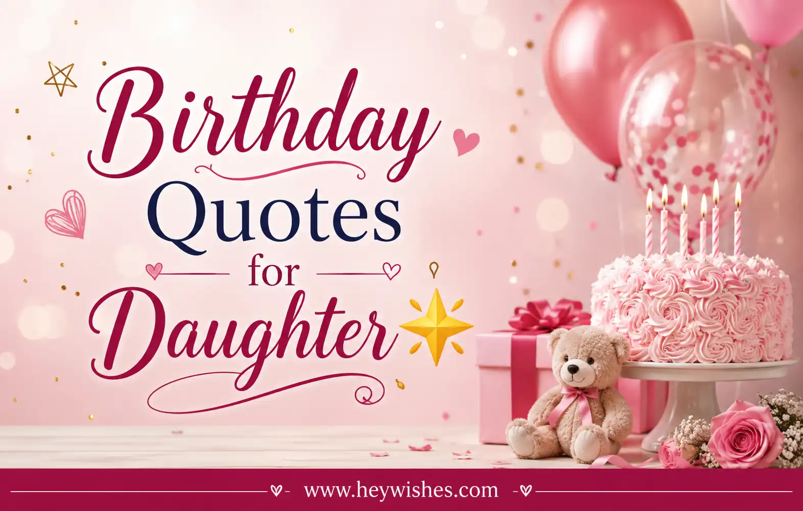 Pink birthday graphic for daughter with cake, balloons, teddy bear, and stylish “Birthday Quotes for Daughter 🌟” text.