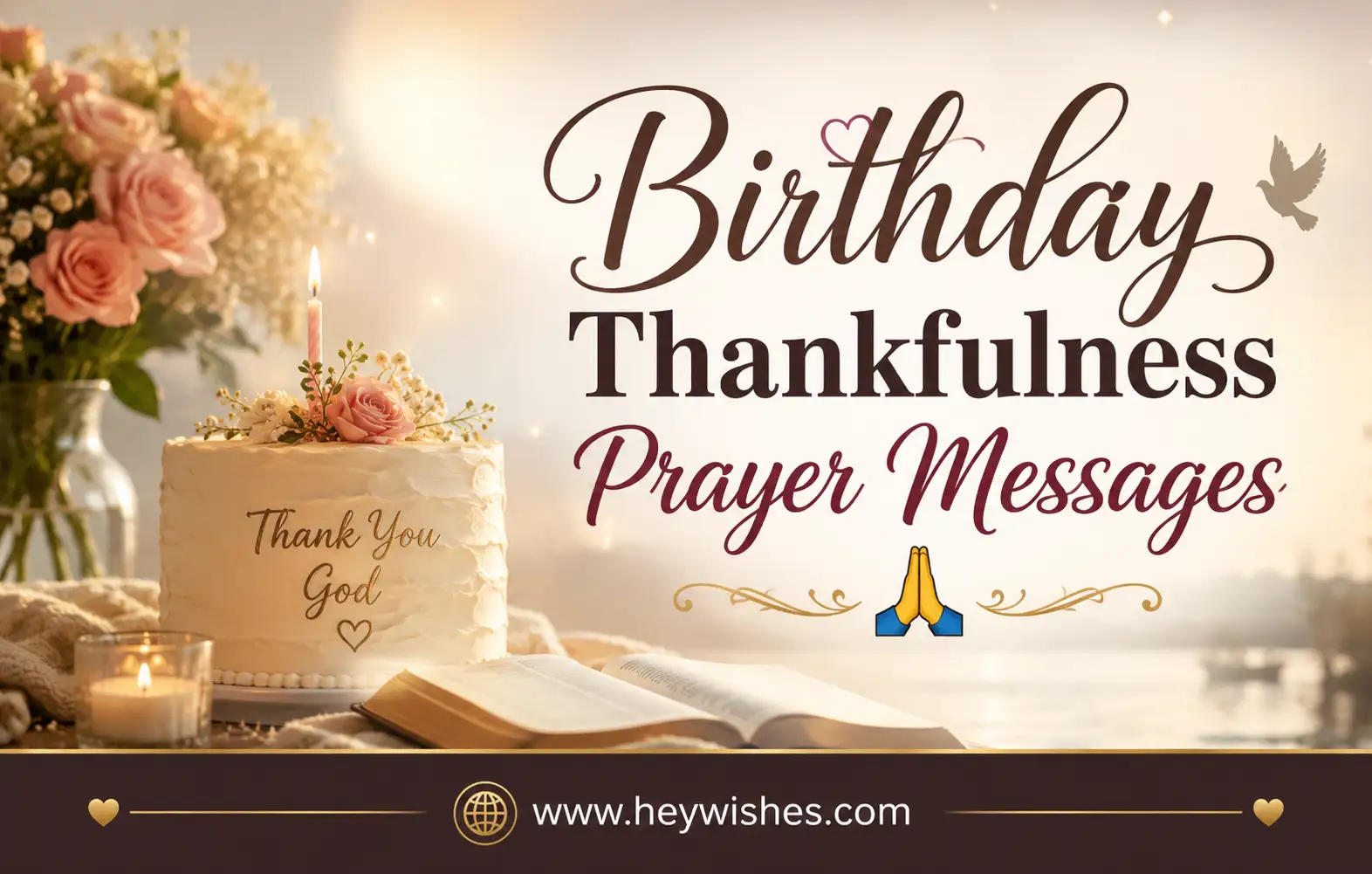 Birthday Thankfulness Prayer Messages banner with cake, candle, Bible, flowers, praying hands, and HeyWishes branding.