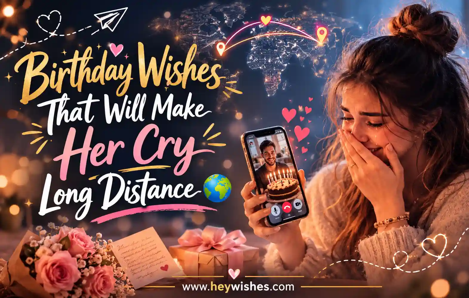 Emotional long-distance birthday wishes graphic with teary woman, glowing world map, romantic lights, and stylish typography design.