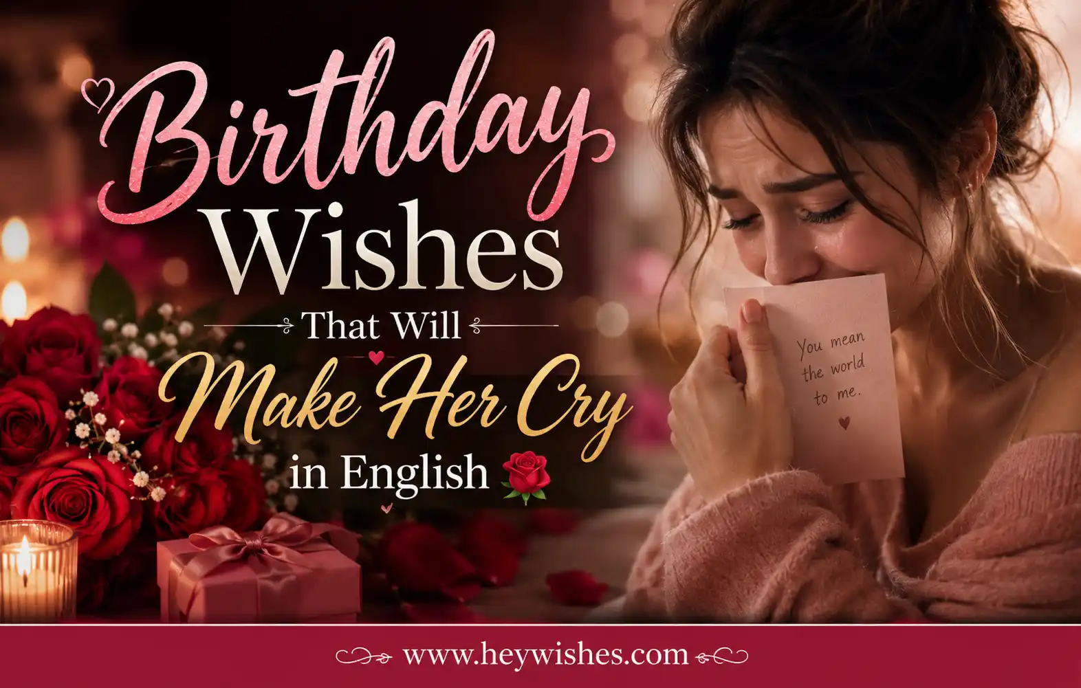 Emotional birthday banner with roses, candles, and heartfelt typography featuring a woman in tears holding a touching birthday message card.
