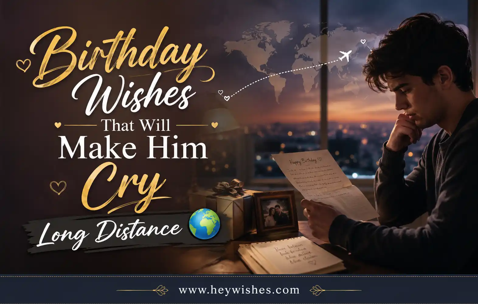 Emotional long-distance birthday banner with heartfelt message, romantic travel theme, and stylish typography for him.